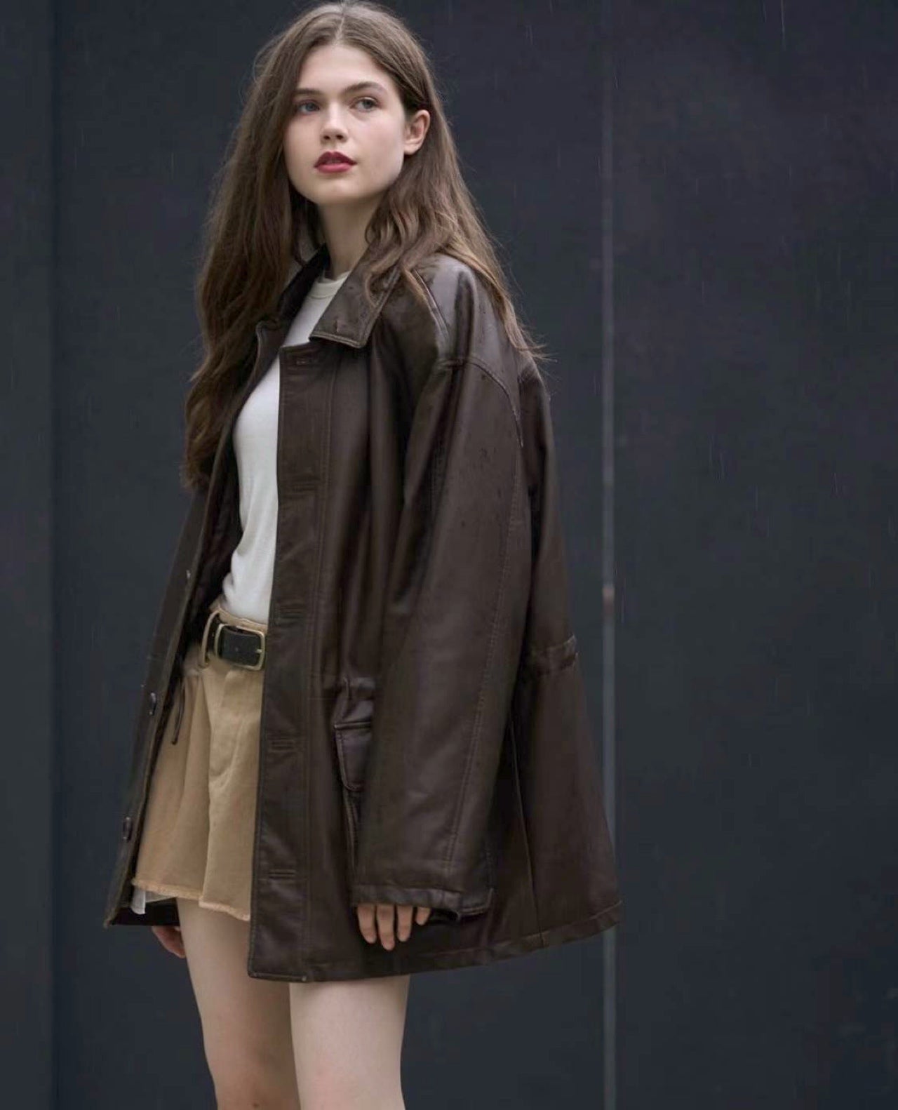 2-way Leather Single Jacket - Brown